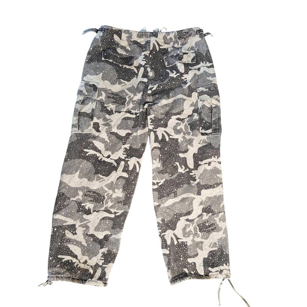 Vale Forever Crystal Rain Cargo Pants Mens 36 Snow Camo Rhinestone Grey White